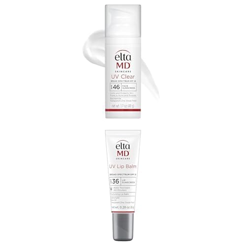 Bundle of EltaMD UV Clear SPF 46 Face Sunscreen 1.7oz Oil-free, for Acne-Prone Skin + EltaMD UV Lip Balm SPF 30+ 0.28oz Protects Dry Lips, Transparent Zinc Oxide