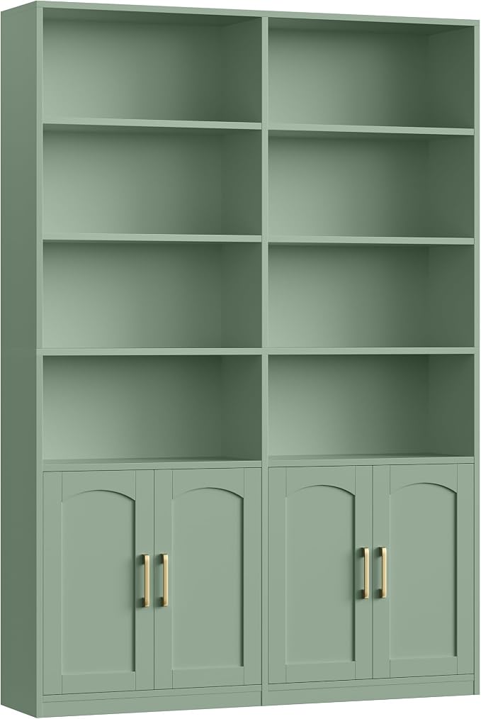 FACBOTALL Bookshelf and Bookcase with Doors, 6 Tier Double Wide Large Bookshelves, Open Display Shelves, 73'' Tall Bookshelf with Storage Cabinets for Home Office, Living Room, Library, Green