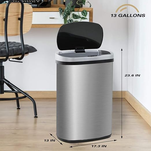 FDW Garbage Can 13 Gallon 50 Liter Kitchen Trash Can for Bathroom Bedroom Home Office Automatic Touch Free High-Capacity with Lid Brushed Stainless Steel Waste Bin