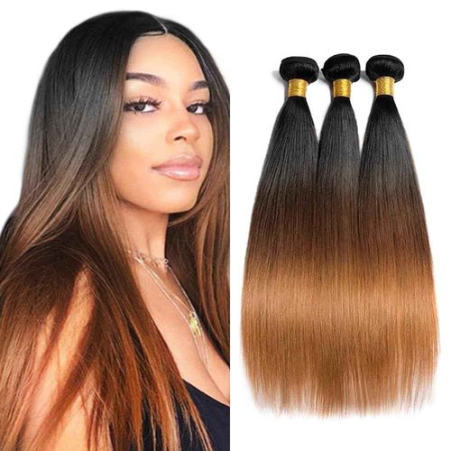 Habiliana Bundles Human Hair 24 26 28 Inch Straight Wave Human Hair Bundles T1B/4/30 Omber Natural Chocolate Brown 11A Unprocessed Brazilian Virgin Quick Weave Hair Extensions for Black Women