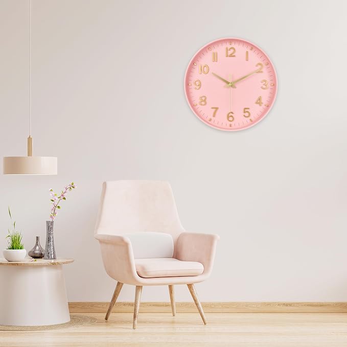 HZDHCLH Wall Clocks Battery Operated,Wall Clock Pink Gold 12 inch Wall Clock Silent Non Ticking Modern 3D Numbers for Office Kitchen Classroom Bedroom Living Room Decor