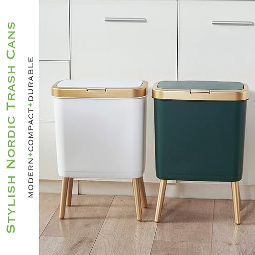 Procade Bathroom Trash Can with Lid, Plastic Garbage Can with Legs, 4 Gallon Gold Trash Bin with Push Button, Narrow White Trash Can Waste Basket for Bedroom, Living Room,Office,Dog Proof Trash Bin