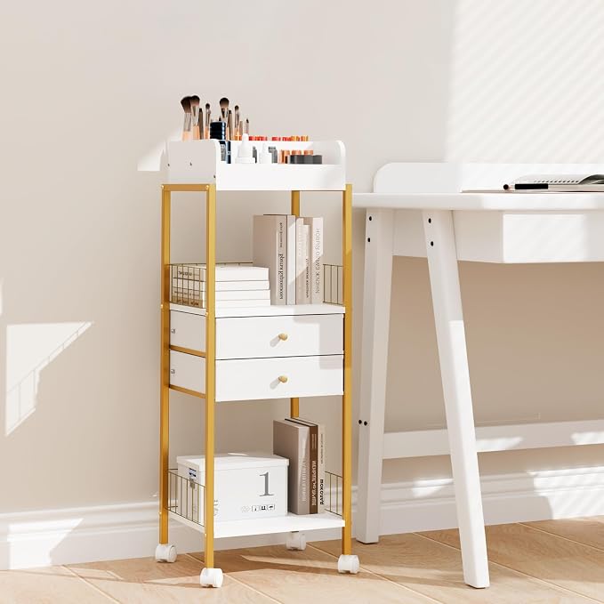 Makeup Organizer Cart Shelf Floor Skincare Organizers Make Up and Station Storage Cabinet For Vanity Standing Cosmetics With Drawers and Wheels For Nail Polish Perfume Hair Tool Holder Beauty(Gold)