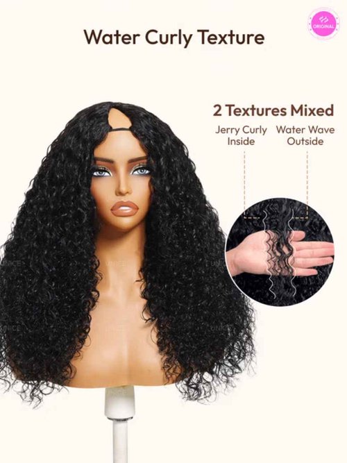 UNICE InvisiBlend V Part Wig Water Wave Mixed Curly Seamless Blending Human Hair Glueless Wig with Drawstring Minimal Leave Out Upgrade U Part Wig Beginner Friendly 150% Density 16 Inch