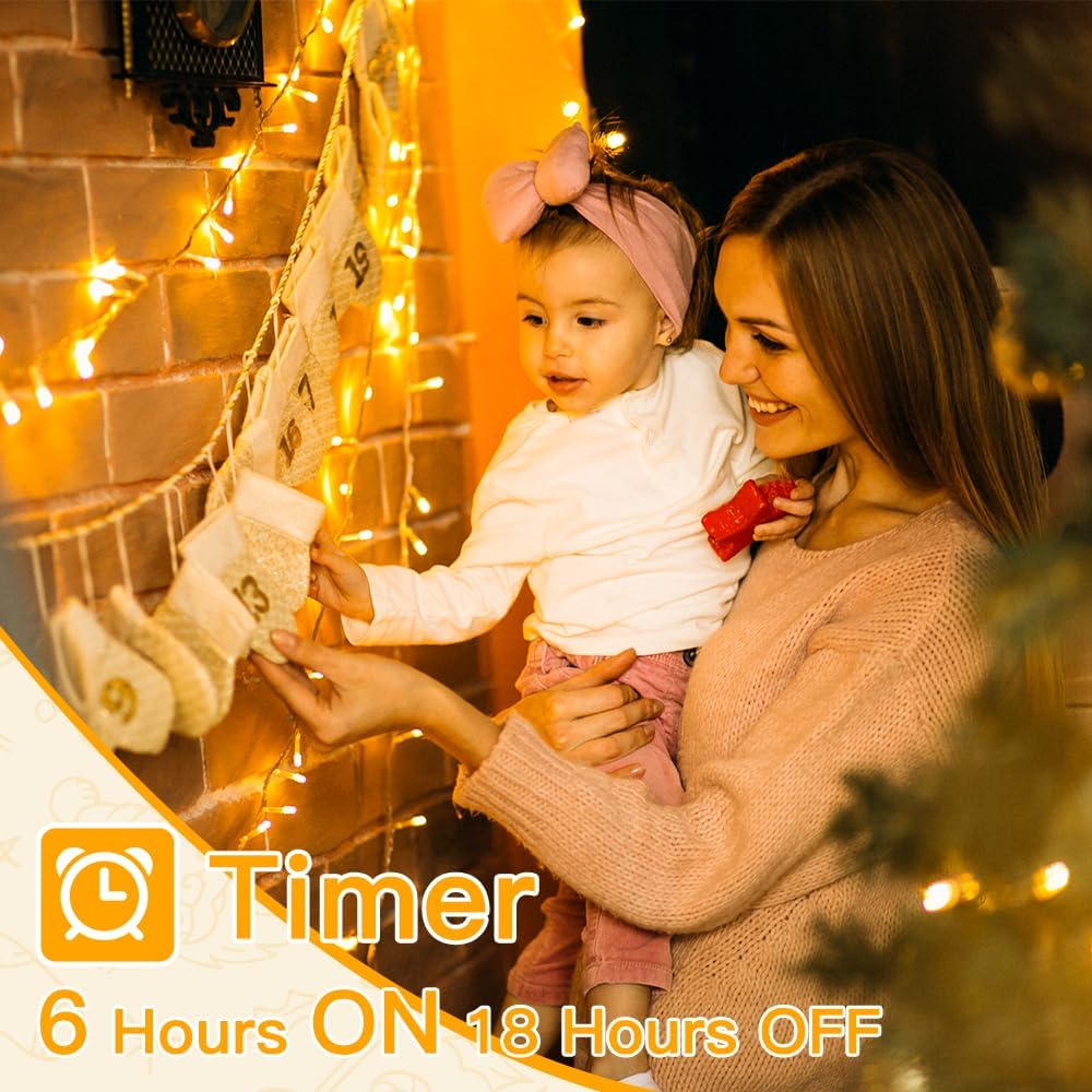 Ollny String Lights Indoor 200LED 60FT, Warm White Connectable Plug in LED Outdoor Light, 8 Modes Waterproof Timer Christmas Lights for Outside Bedroom House Party Wedding Camping
