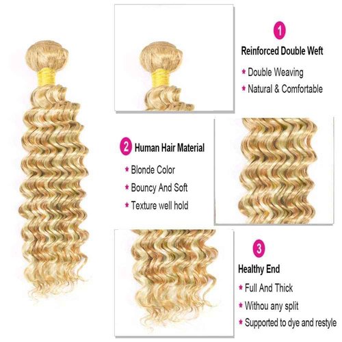 Giginger Bundles Human Hair P27/613 Blonde Deep Wave Human Hair Bundles 26 28 30 Inch Highlight Honey Blonde Unprocessed Quick Weave Soft Sewn In Hair Extensions for Black Women