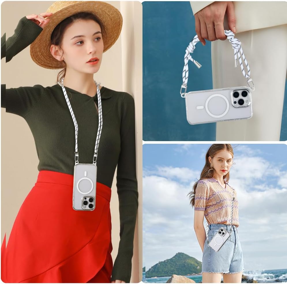 for iPhone 16 Pro Case with 62.99 inch Lanyard, Classic Clear&White Magnetic Phone Case, Drop&Shockproof Protection Cases, Phone Lanyard for Around The Neck, Compatible with Magnet Accessory