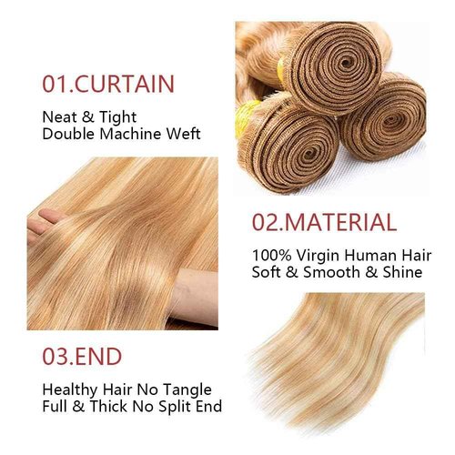 Giginger Bundles Human Hair P27/613 Blonde Straight Human Hair Bundles 26 28 30 Inch Highlight Honey Blonde Unprocessed Quick Weave Soft Sewn In Hair Extensions for Black Women