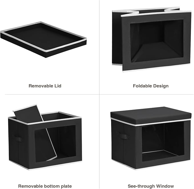Homsorout Storage Bins with Lids, 3 Pack Large Storage Cubes with Window, Closet Bins with Lids & Handles, Fabric Box for Organizing Clothes, Towels, Books, Black