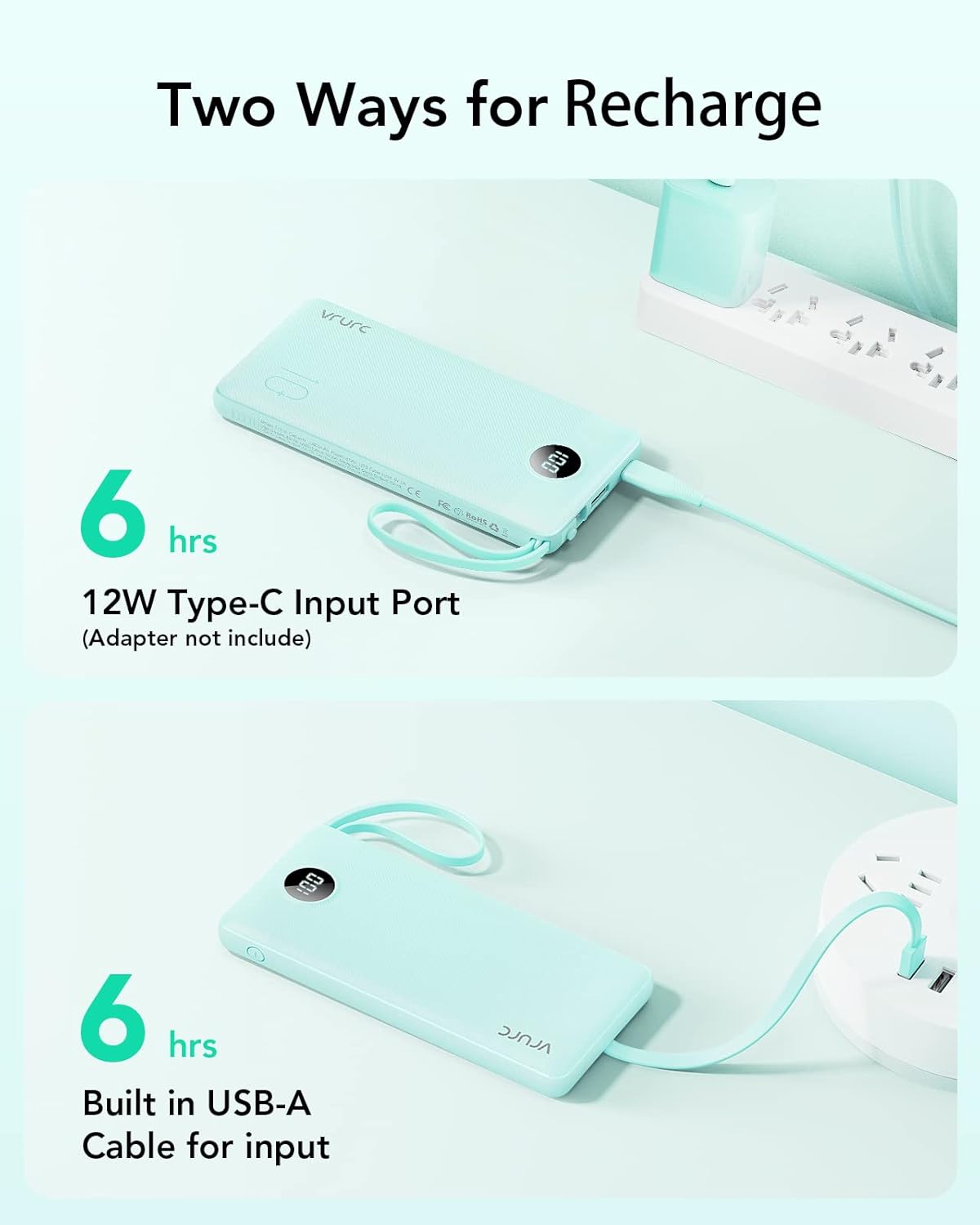 VRURC Portable Charger Power Bank, 10000mAh Travel Essentials Battery Pack, 5 Outputs 2 Inputs Slim Charging Bank Built-in Cables Cords Wires Compatible with iPhone,Samsung,Android-Green(1 Pack)