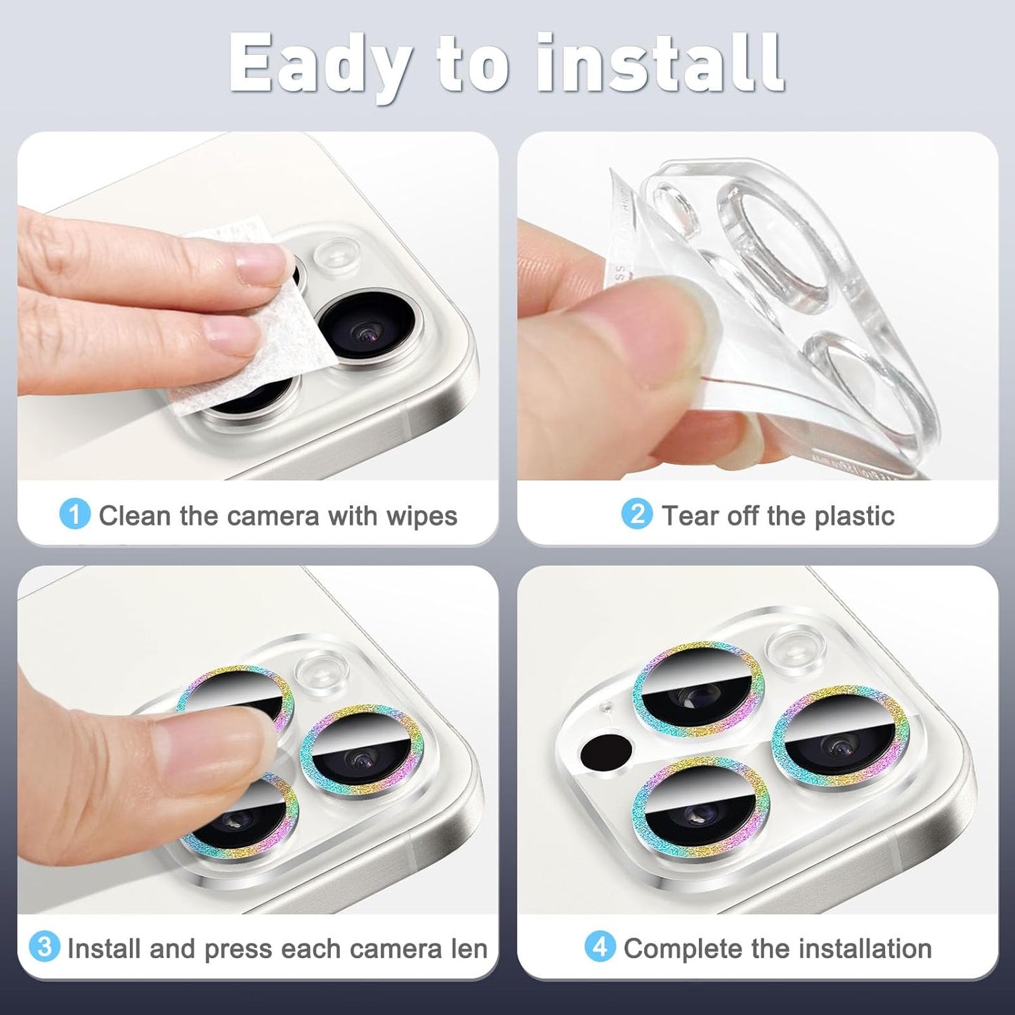 LucBuy 3PCS Sparkling Camera Lens Protector for iPhone 13/iPhone 13 Mini, Full Clear Acrylic Cover with Shiny Colorful Glitter Designed Decoration Back Camera Protector
