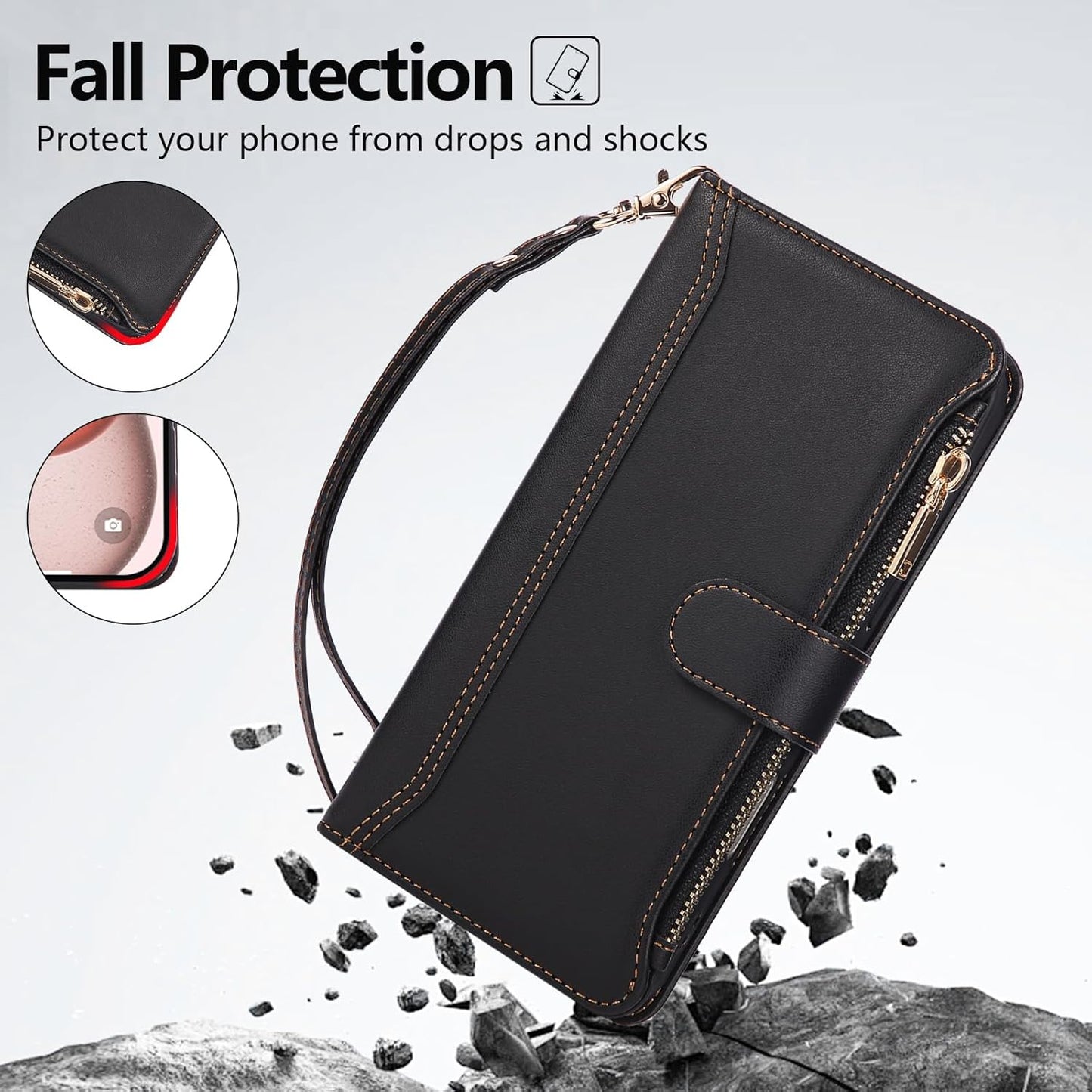 Compatible with iPhone 16 Pro Max Wallet Phone Case-PU Leather Magnetic Flip Cover with Credit Card Slots,Zipper Pocket & Detachable Wrist Strap,Shockproof Design,for Women and Men-Black