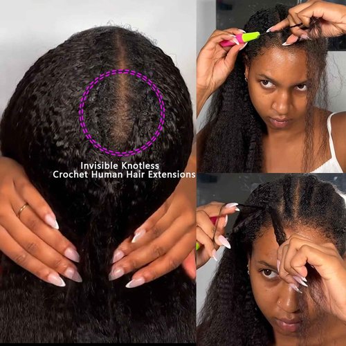 Kinky Straight Feather Crochet Human Hair Extension Yaki Wave Pre Separated Knotless Crochet Hair Micro Bundles With Loop For Reusable Boho Braids 16Inch 60g 50Strands