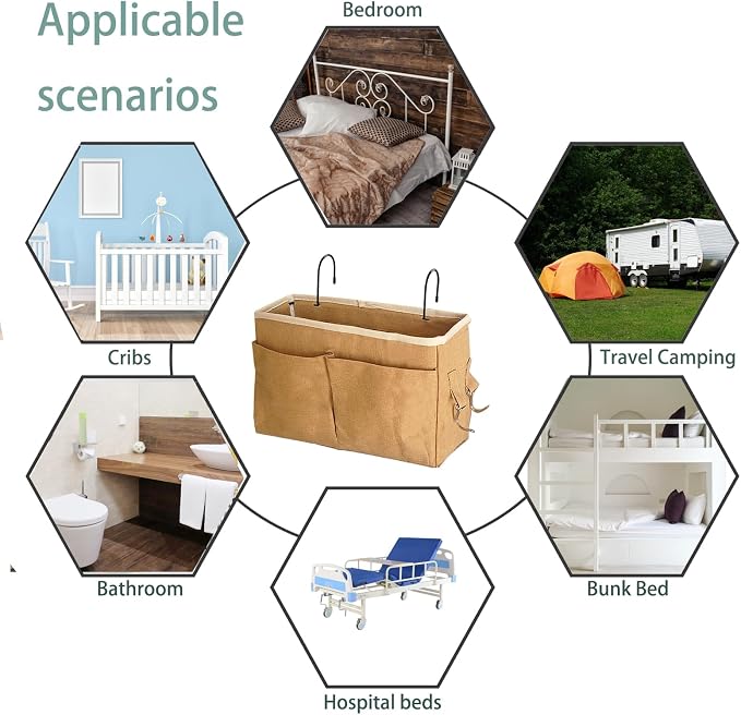 Bedside Caddy Bedside Hanging Storage Basket Multi-Function Organizer Caddy for Bunk and Hospital Beds Dorm Rooms Bed Rails, Can be Placed Glasses Books Mobile Phones(2pcs Dark khaki)