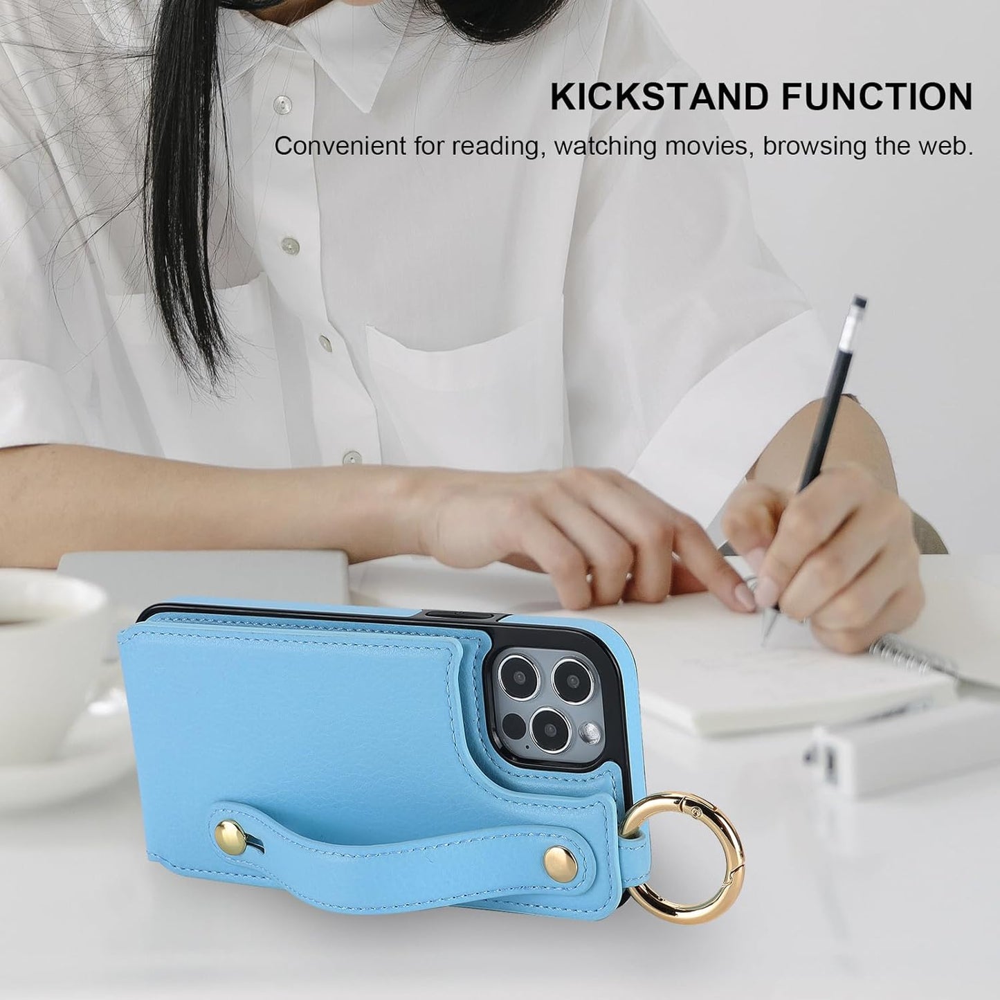 Folosu for iPhone 12/12 Pro Wallet Case with Card Holder, Hand Wrist Strap Loop Holder Kickstand, RFID Blocking Finger Grip Ring PU Leather Double Buttons Shockproof Cover 6.1" Blue"
