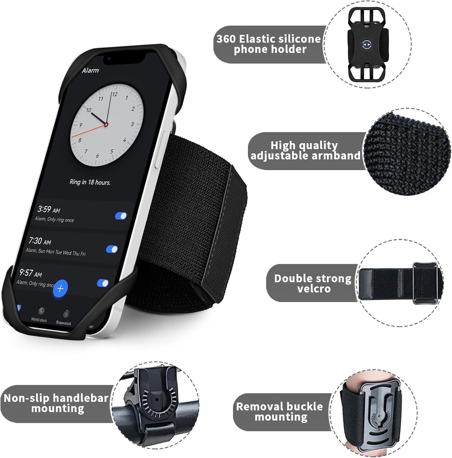 3in1 Running Sports Armband+Wristband+Bicycle Phone Holder,360° Rotation & Detachable Compatible with 4.5-7" Cellphone for iPhone 16/15/Pro/ProMax/14/13/mini/Pro Max/XS/XR"
