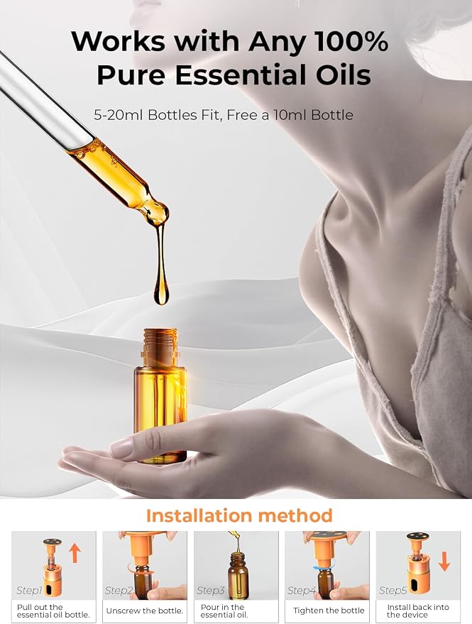 Waterless Essential Oil Diffuser: π ππ¨π₯π¨π«π¬ πππ Scent Diffuser for Home&Car&Office - Portable Diffuser with 48H Battery, 4 Timers & 3 Mist Levels, Bright Orange