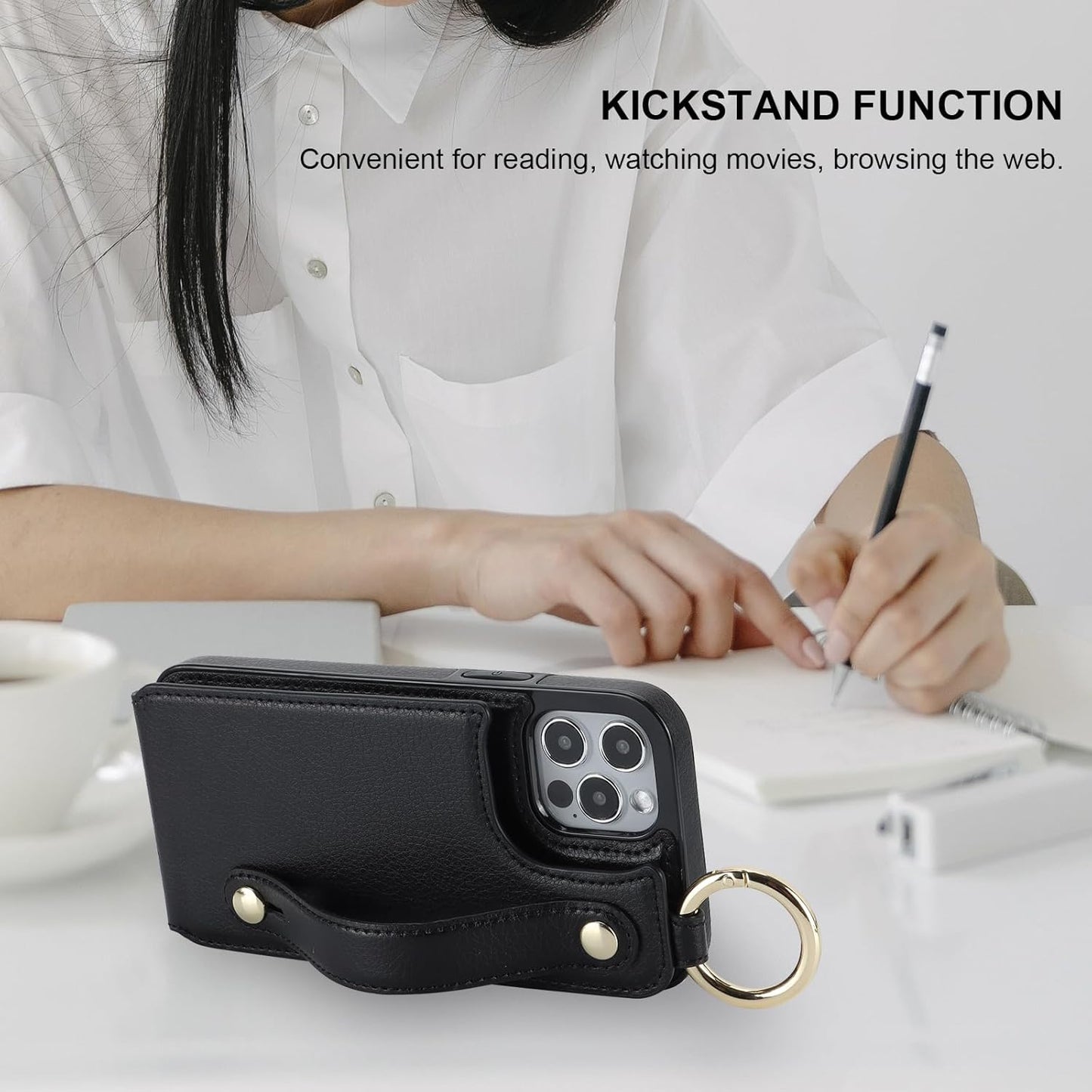 Folosu for iPhone 12/12 Pro Wallet Case with Card Holder, Hand Wrist Strap Loop Holder Kickstand, RFID Blocking Finger Grip Ring PU Leather Double Buttons Shockproof Cover 6.1" Black"