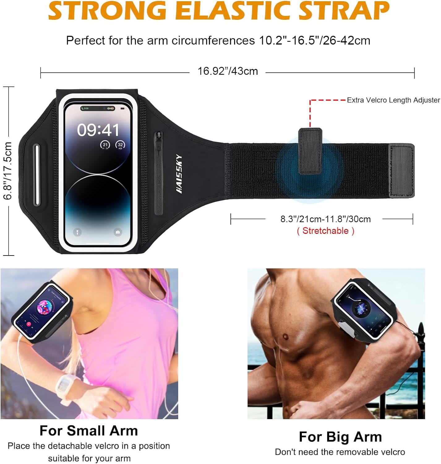 Running Armband with Earphone Bag Cell Phone Armband for iPhone 16 15 Pro 14 Plus 13 11 XR XS, Galaxy S24/S10 Water Resistant Sports Phone Holder Case & Zipper Slot Car Key Holder for 6.9 inch Phone
