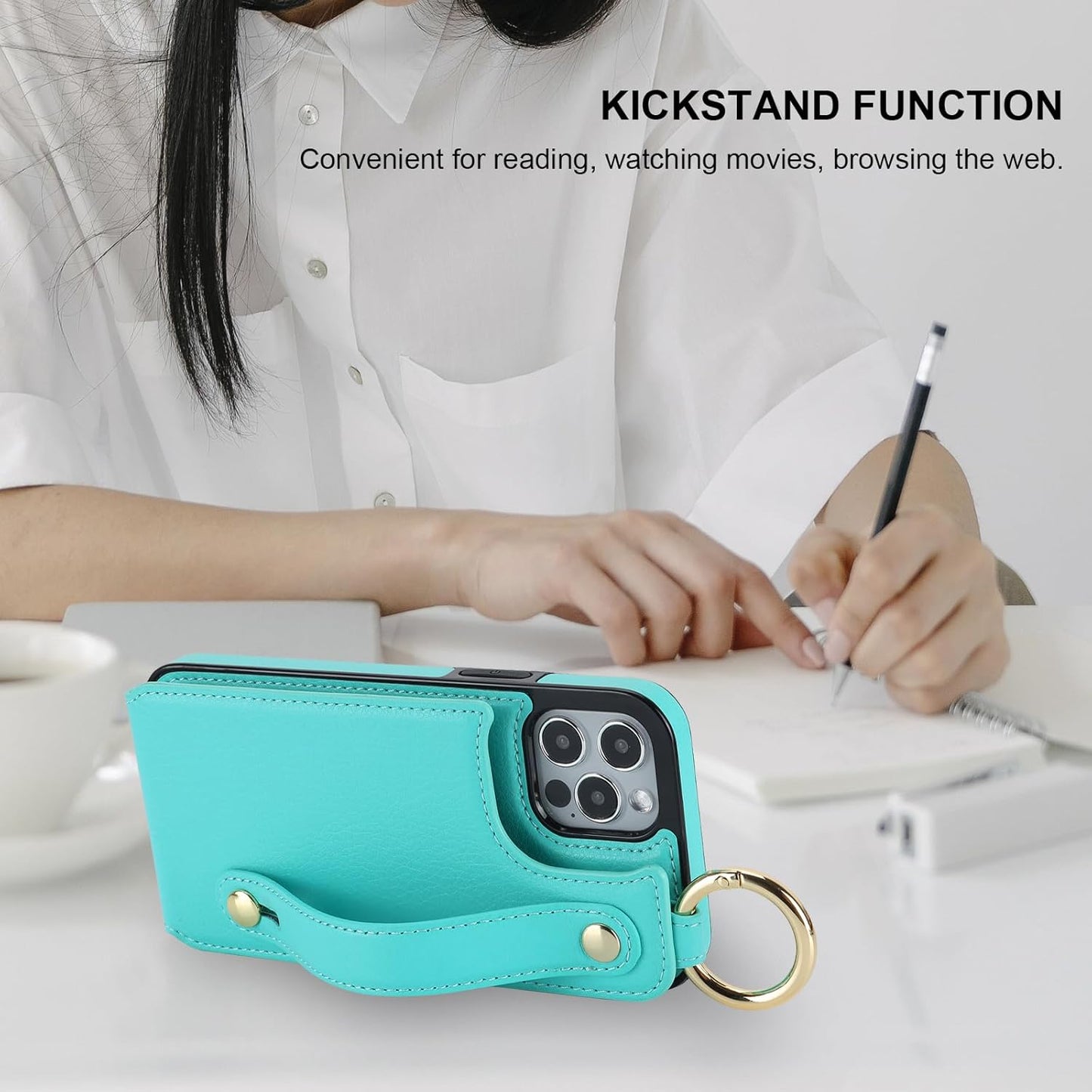 Folosu for iPhone 12/12 Pro Wallet Case with Card Holder, Hand Wrist Strap Loop Holder Kickstand, RFID Blocking Finger Grip Ring PU Leather Double Buttons Shockproof Cover 6.1" Green"