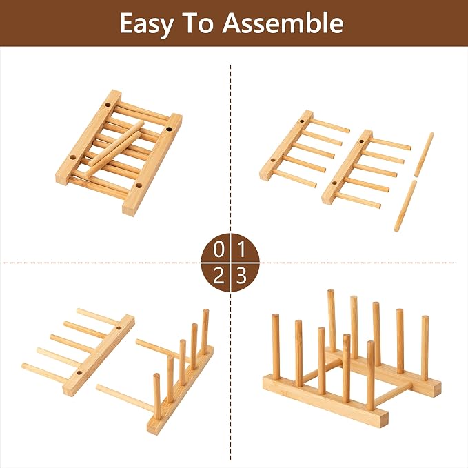 HBlife 4pcs Bamboo Dish Plate Bowl Cup Book Pot Lid Cutting Board Drying Rack Stand Drainer Storage Holder Organizer Kitchen Cabinet(Keep Dry)