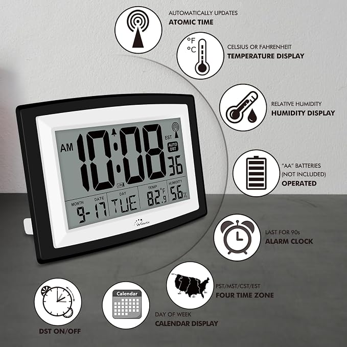WallarGe Atomic Clock with Indoor Temperature and Humidity, 12.5 Inch Self-Setting Digital Wall Clock or Desk Clock, Battery Operated Digital Clock Large Display for Seniors, Auto DST