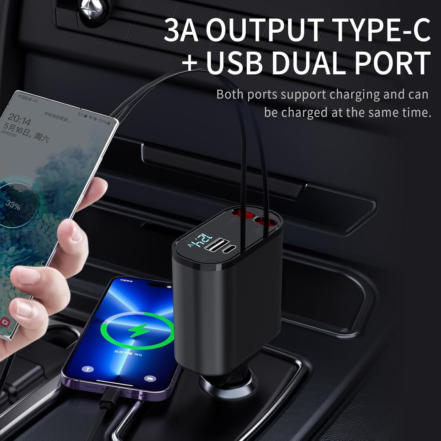 Retractable Car Charger Compatible with Galaxy Pixel, 4 in 1 Fast Charging Car Charger 60W, Double Type C Retractable Cable and 2 USB Ports