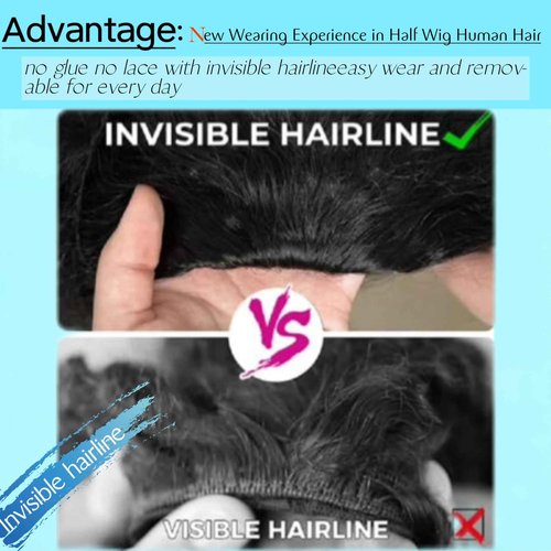 Kinky Curly Half Wig Human Hair Drawstring Seamless Flip Over Half Curly Wig Human Hair Invisible Hairline Glueless Wear and Go Wigs For Black Women Beginner Friendly 20Inch 200% Density