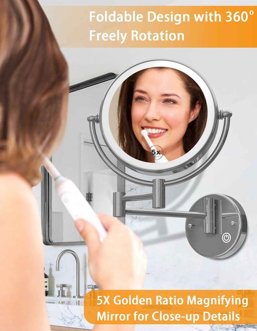 Lighted Makeup Mirror Wall Mount with Magnification 5X LED Double Sided Magnifying with Light, Touch Sensor Dimming, Extendable Swing Arm 360 Swivel Shaving Cosmetic Mirror for Bathroom, Chrome