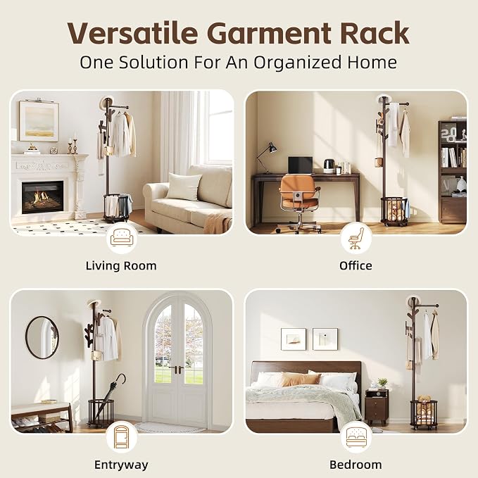 Uniclinens Freestanding Wooden Coat Rack with Umbrella Holder,Dark Walnut Coat Rack with Hooks, Space-Saving Entryway Organizer for Hanging Clothes and Storing Towels, Bedroom, Living Room