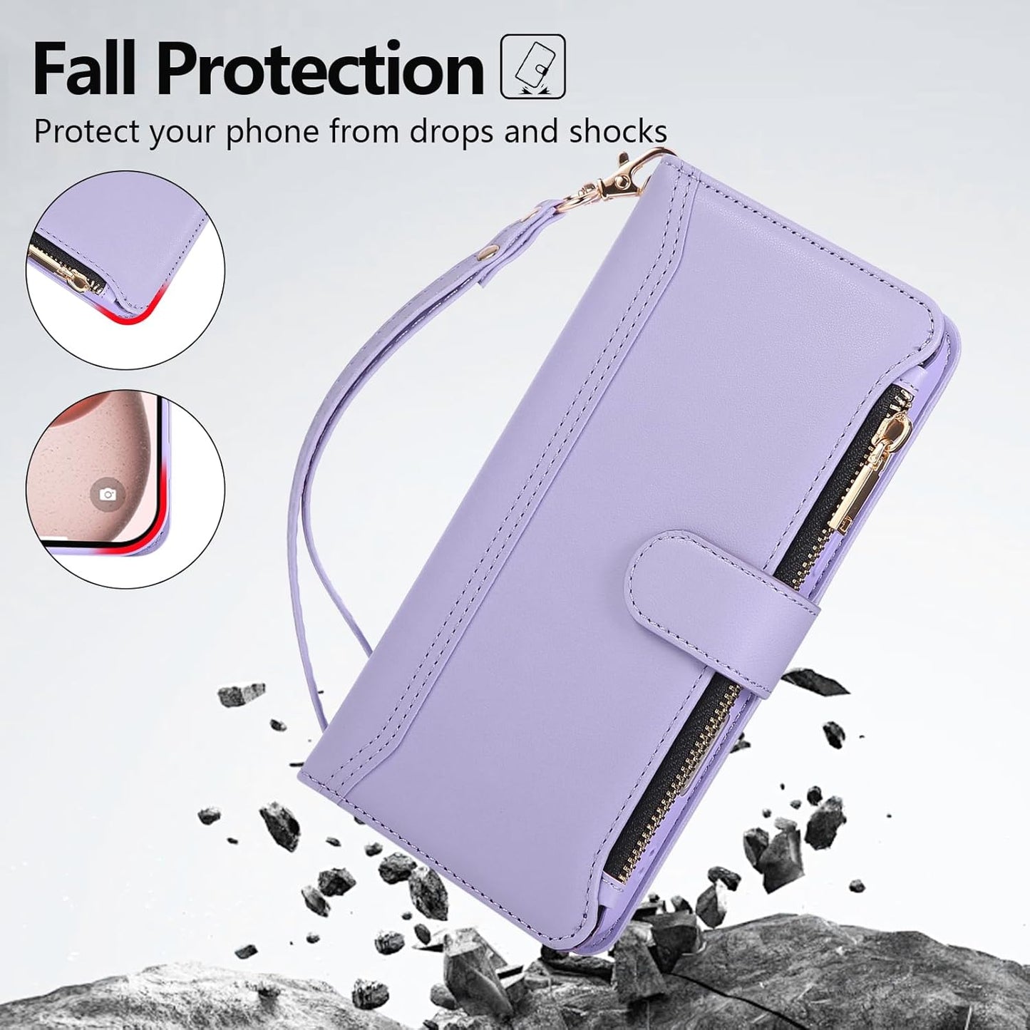 Compatible with iPhone 16 Pro Max Wallet Phone Case-PU Leather Magnetic Flip Cover with Credit Card Slots,Zipper Pocket & Detachable Wrist Strap,Shockproof Design,for Women and Men-Purple