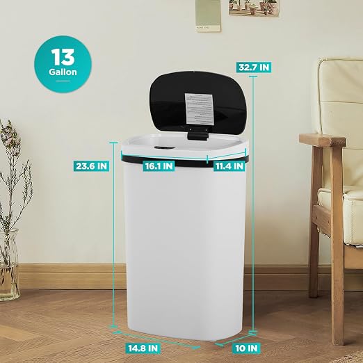 PayLessHere | 13 Gallon Plastic Trash Can | White | Automatic Touchless Lid with Motion Sensor | Kitchen Garbage Can with Waterproof Design | for Home, Office, Bathroom | Pack of 1