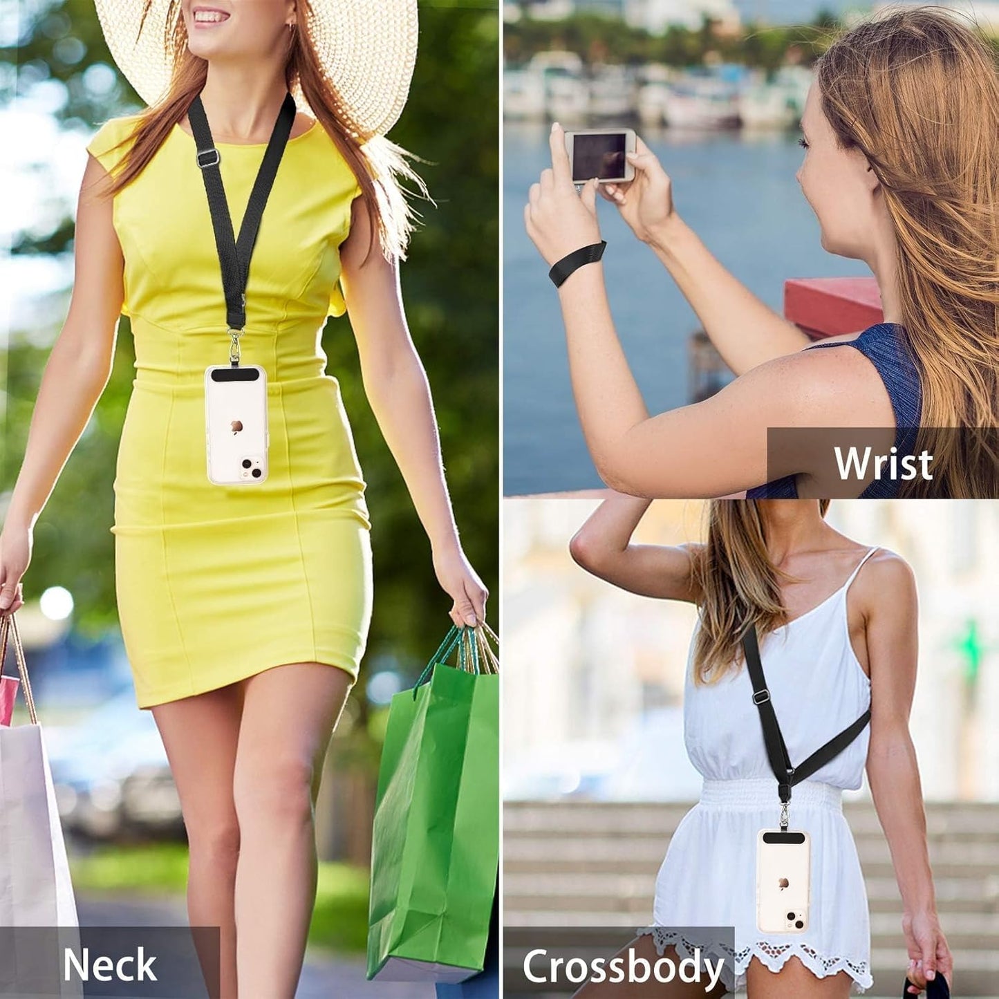 Adjustable Crossbody Cellphone Lanyard for iPhone, Includes 2 Lanyard,2 Pcs TPU phone tether tab, Black+Clear