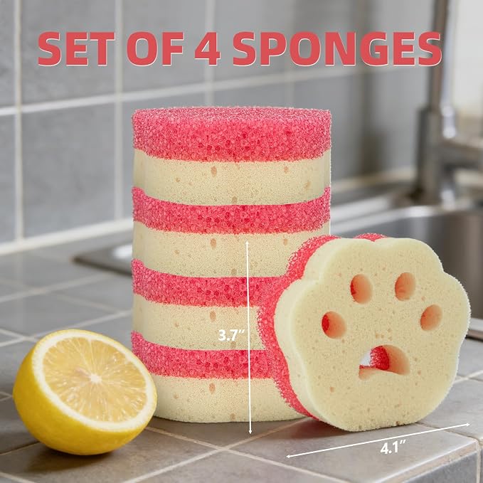 CLEANGOR 4pcs Scrub Sponges, Dual-Sided Temperature-Controlled Dish Sponges | Scratch-Free, Easy to Clean, Kitchen Cleaning Sponges for Tough Stains, Delicate Surfaces, Glassware, Cookware, Appliances