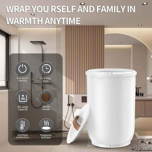 FLYHIT Large Towel Warmer for Bathroom - Heated Towel Warmers Bucket, Wood Handle, Auto Shut Off, Fits Up to Two 40"X70" Oversized Towels, Bathrobes, Blankets, Best Ideal for Mother's Gifts