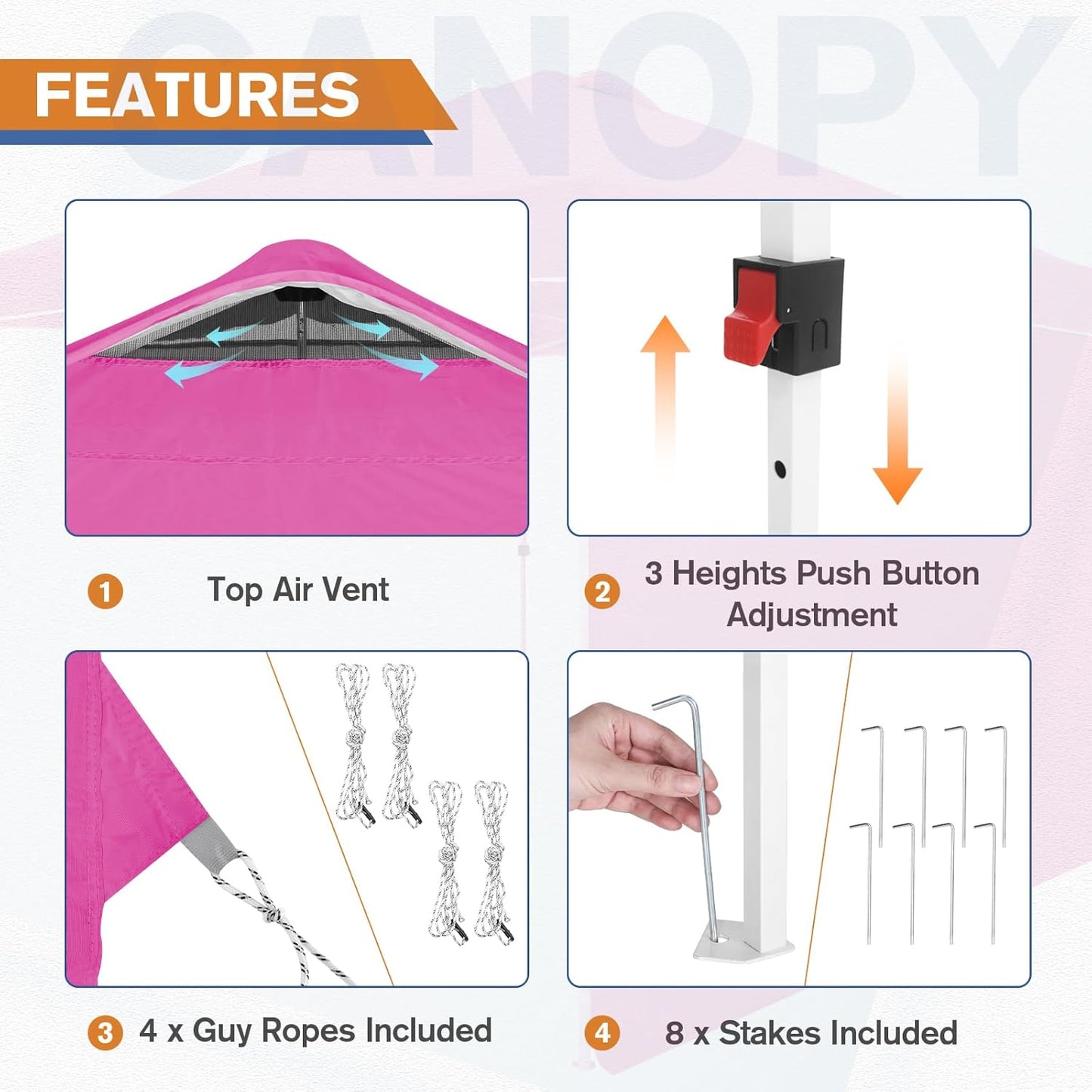 EAGLE PEAK Pop Up Canopy Tent with 1 Sidewall, Easy Setup Event Tent, Outdoor Sun Shade, Wheeled Carry Bag, Stakes and Guy Ropes, Instant Canopy 10x10, Pink