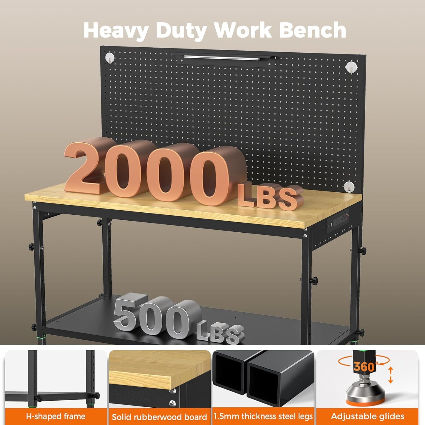 48" Heavy Duty Work Bench Adjustable Height Max Load 2000 LBS with Storage Shelf for Garage Workbench, Rubberwood Tabletop with Pegboard, LED Light, Built-in Power Strip for Woodworking Shop