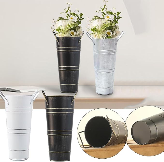 Metal Umbrella Stand Holder, Durable Freestanding Umbrella Rack Multi Functional Rustic Floral Bucket Floor Vase, Organizer for Entryway Porch Indoor Home Office (White)