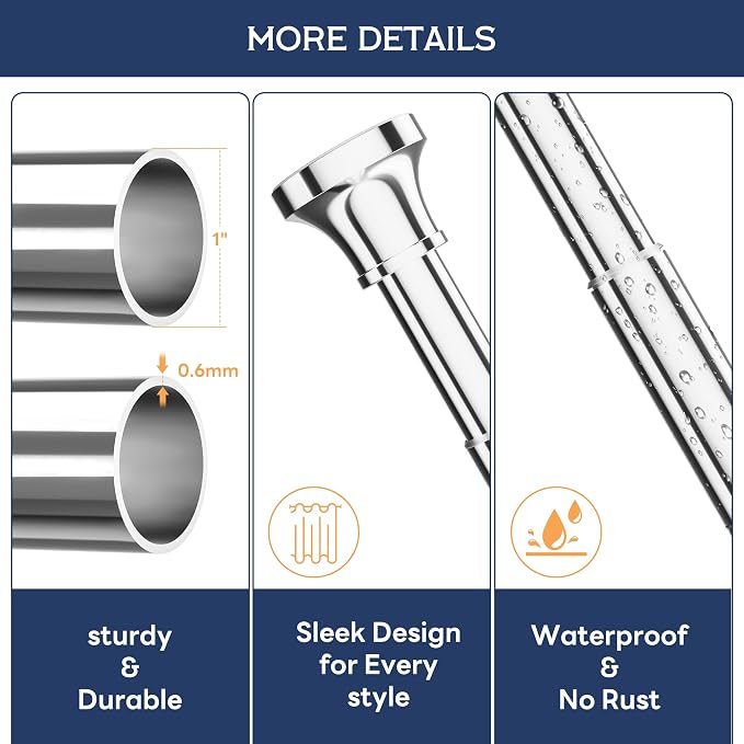 STARLATTA Shower Curtain Rod, 31-80 Inches Adjustable Tension Rod, 1-Inch Diameter Heavy Duty Rustproof Stainless Steel, No-Drill Spring Rod for Bathroom, Kitchen and Closet, Silver