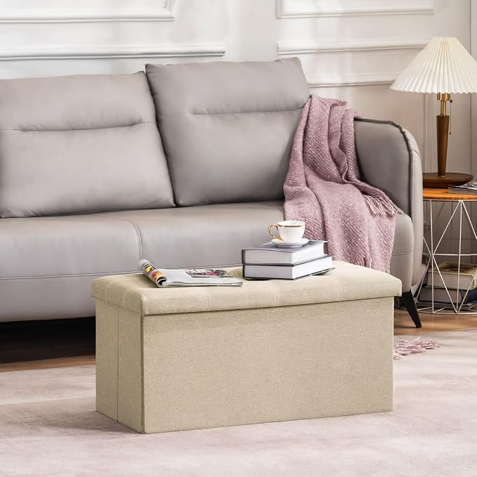 YOUDENOVA 30 inches Folding Storage Ottoman, Ottoman with Footrest Seat Support 350lbs, Storage Bench for Living Room Bedroom, Linen Fabric Beige