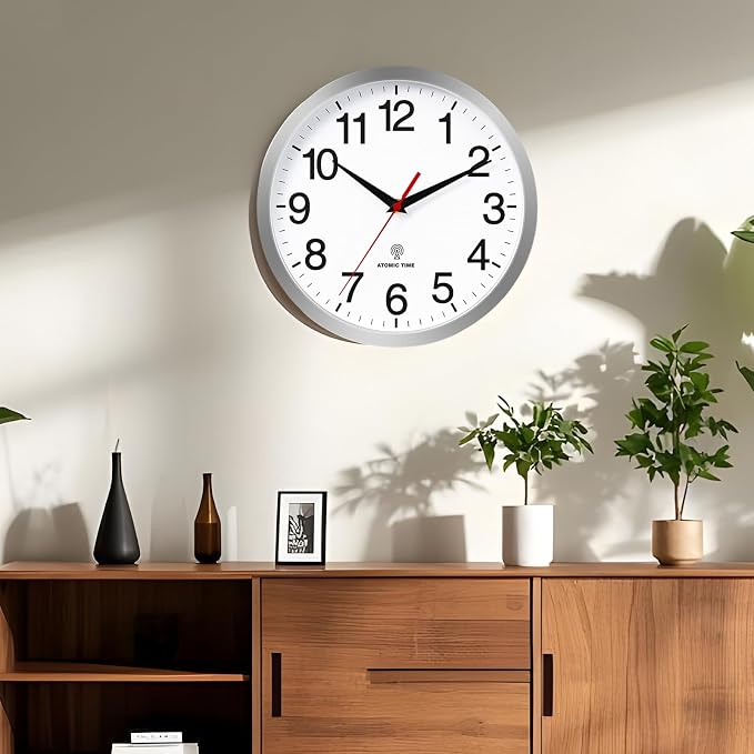 Rohioue Atomic Wall Clock Modern 12 Inch Battery Operated Analog Clock Decorative for Bedroom Kitchen Bathroom Office Home Living Room (Silver)
