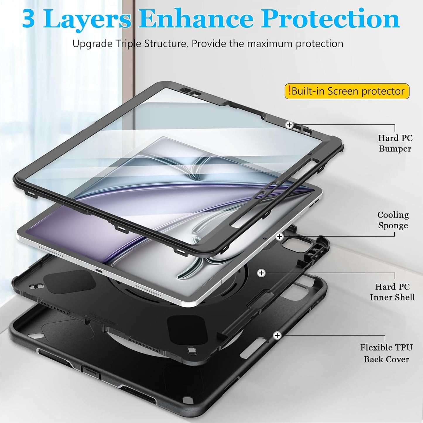 Case for iPad Air 13 Inch M3 2025 & M2 2024: Military Grade Cover for iPad Pro 12.9 6th/5th/4th/3rd Generation W/Screen Protector- Stand- Pencil Holder- Handle- Shoulder Strap- Black