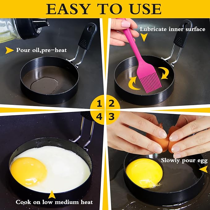 3.5'' Egg Rings with Silicone Handle, Stainless Steel Egg Cooking Rings,Nonstick,For Frying Eggs and English Muffins Pancake, Egg Mold Shaper For Breakfast