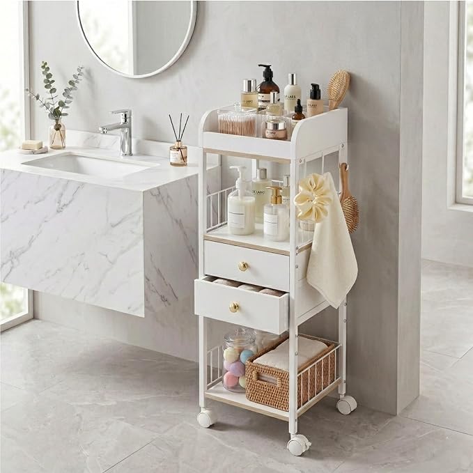 Makeup Organizer Cart, Rolling Floor Skincare Organizer and Storage with 2 Wooden Drawers, Cosmetics Display Cases Holder for Skin Care Perfume Hair Tools Nail Polish(White & Gold)