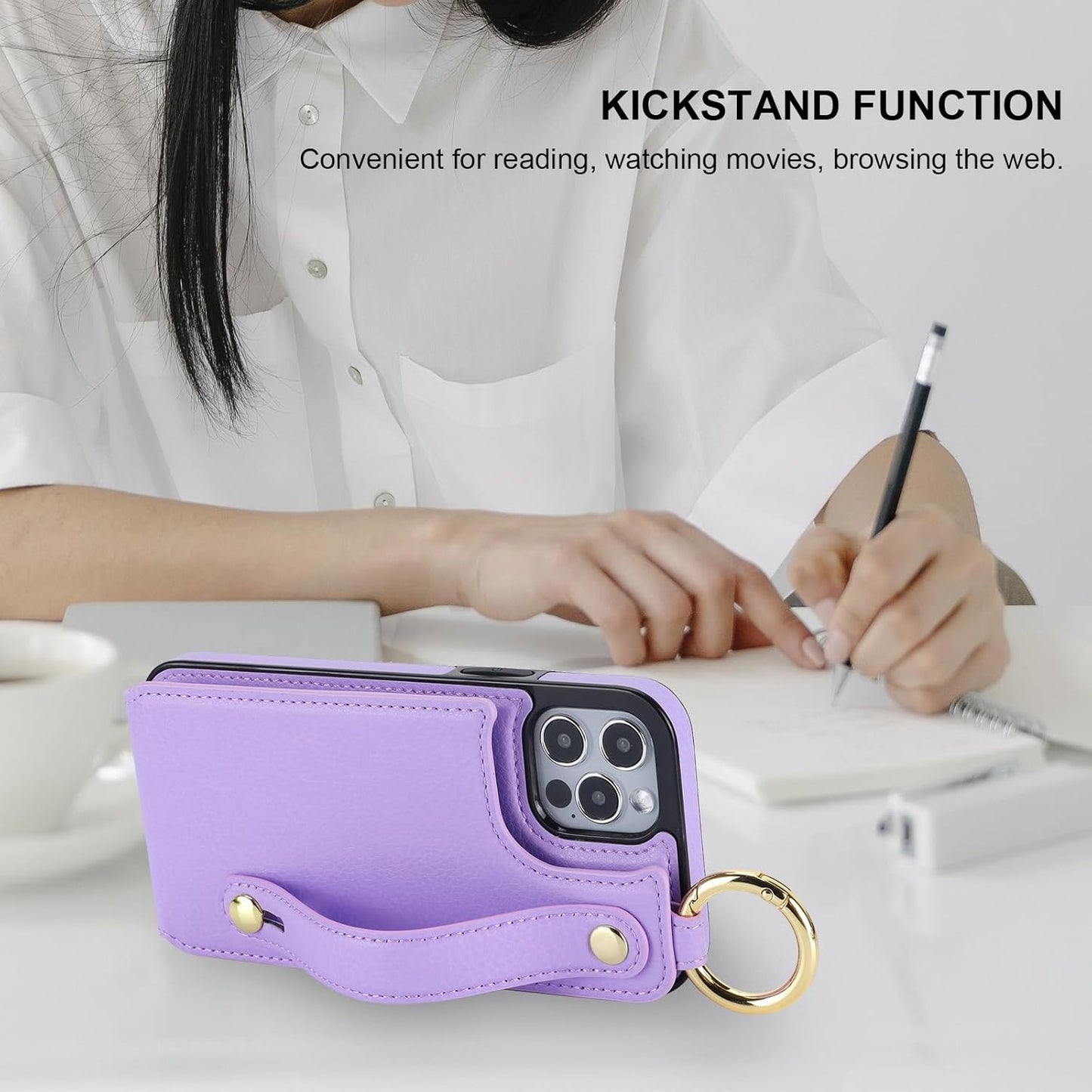 Folosu for iPhone 12/12 Pro Wallet Case with Card Holder, Hand Wrist Strap Loop Holder Kickstand, RFID Blocking Finger Grip Ring PU Leather Double Buttons Shockproof Cover 6.1" Purple"