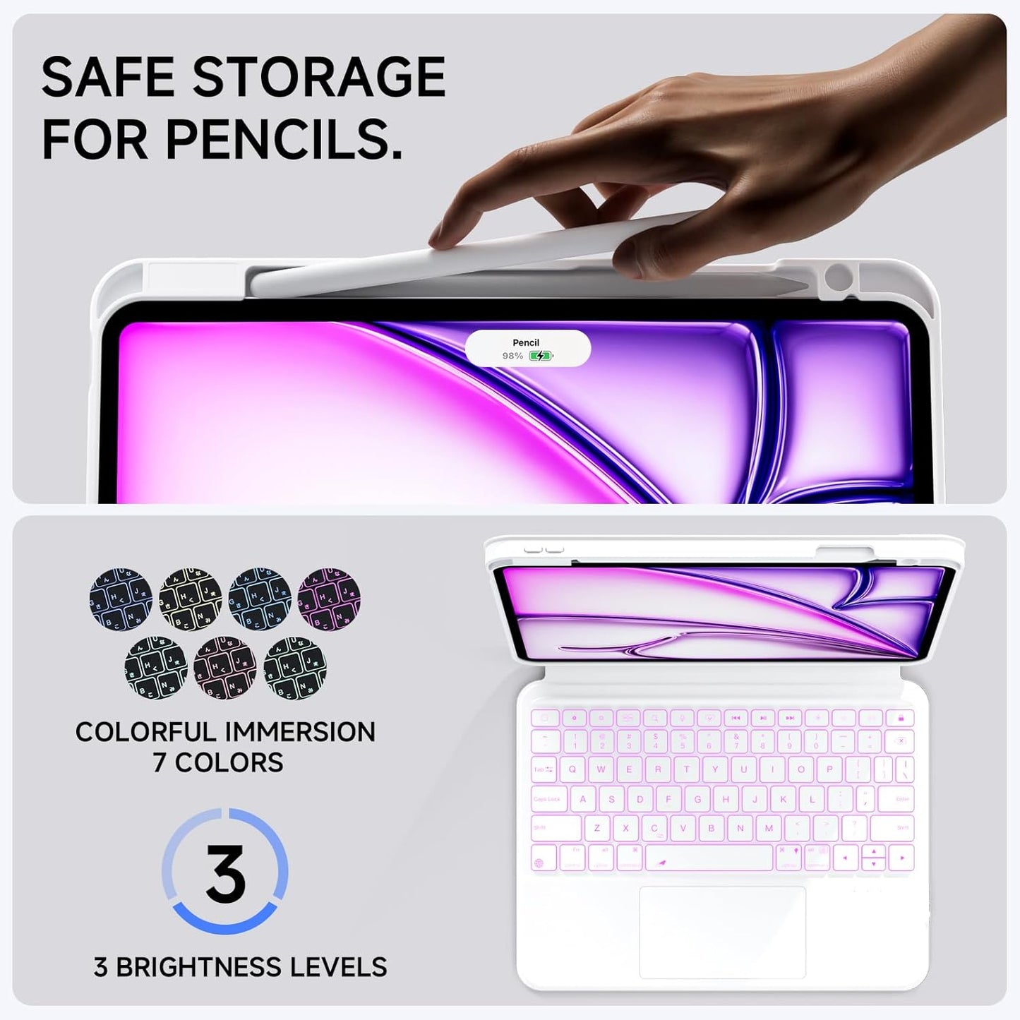 ONLY fit for 2024 M4 iPad Pro 11 inch Case with Keyboard Detachable Magic Keyboard Trackpad, 360 Rotating Cover with Pencil Holder Multi Angle Stand, 12 Shortcut Key, 7 Color Backlit, White
