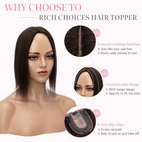 Rich Choices Hair toppers for women real human hair, 10 * 12cm silk base, Dark Brown hair pieces for women with thinning hair, no bangs 14 Inch #02
