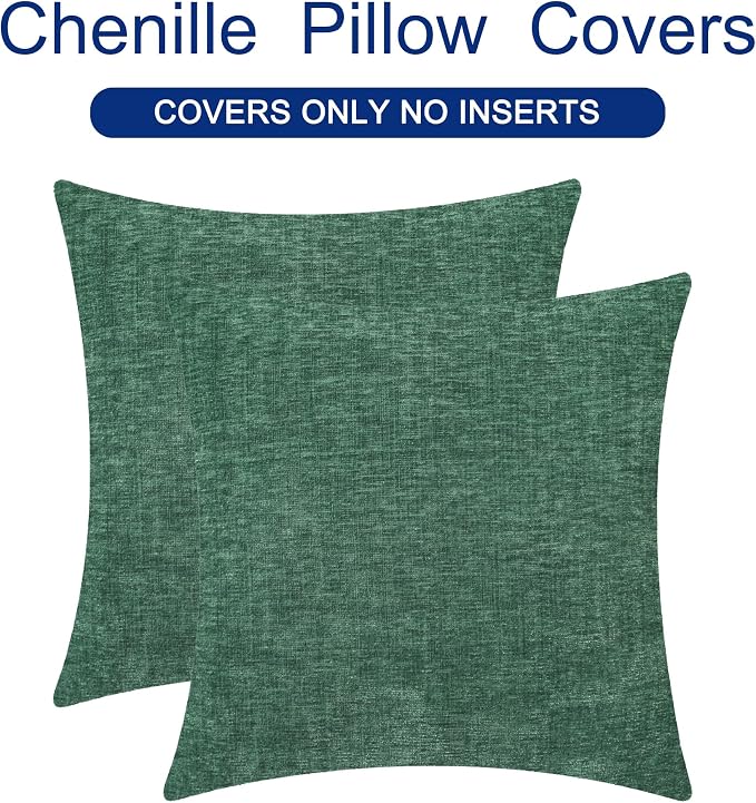 CaliTime Christmas Throw Pillow Covers Decorative 18 X 18 Inches Pack of 2 Cozy Chenille Cushion Cases for Couch Sofa Bed Living Room Home Dark Green