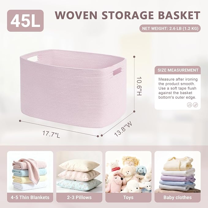 45L Small Baby Girls Laundry Basket for Nursery Storage,Cute Woven cotton Rope Baskets for Kids Toy,Gifts, Boho Square Wicker Blanket hamper for Living Room,Bedroom Dirty Clothes,Pink