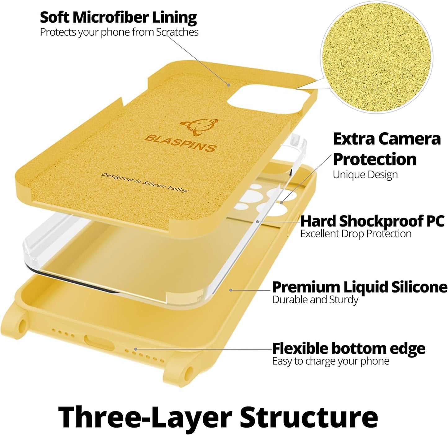 Blaspins Crossbody Lanyard Strap Case for iPhone 13 Pro, Neck Cross Body, Adjustable Holder Removable, Drop Protection Shockproof, Hands-Free Silicone Case 6.1 inch, 150 cm Strap, iP13Pro - Yellow